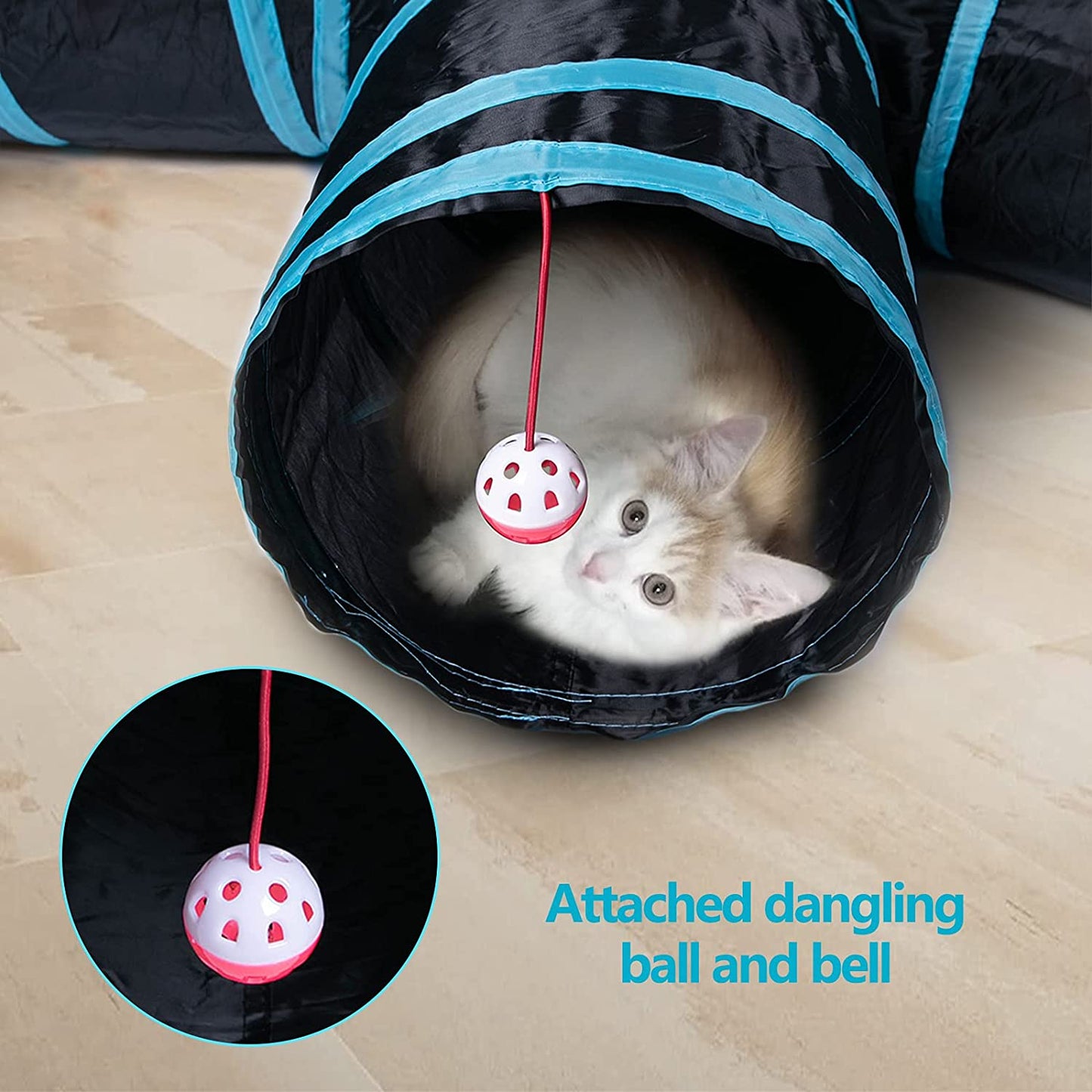 "Kitty Wonderland: The Ultimate Feline Adventure Zone - 5-Way Collapsible Cat Tunnel with a Sneak-A-Peek Window and a Ball of Whimsy! Perfect for Mischievous Cats, Playful Puppies, Kooky Kittens, and Bouncy Bunnies! (Color: Black & Blue)"