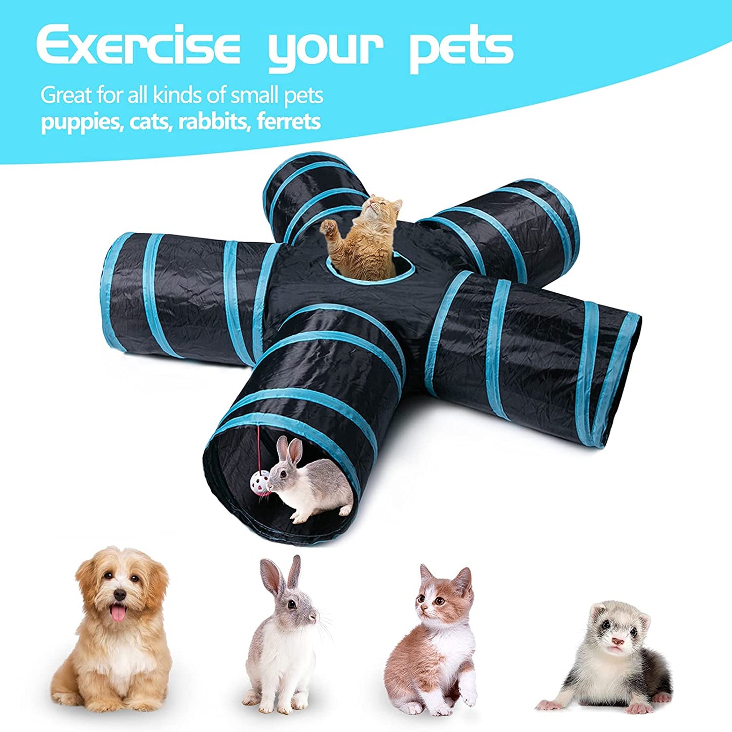 "Kitty Wonderland: The Ultimate Feline Adventure Zone - 5-Way Collapsible Cat Tunnel with a Sneak-A-Peek Window and a Ball of Whimsy! Perfect for Mischievous Cats, Playful Puppies, Kooky Kittens, and Bouncy Bunnies! (Color: Black & Blue)"