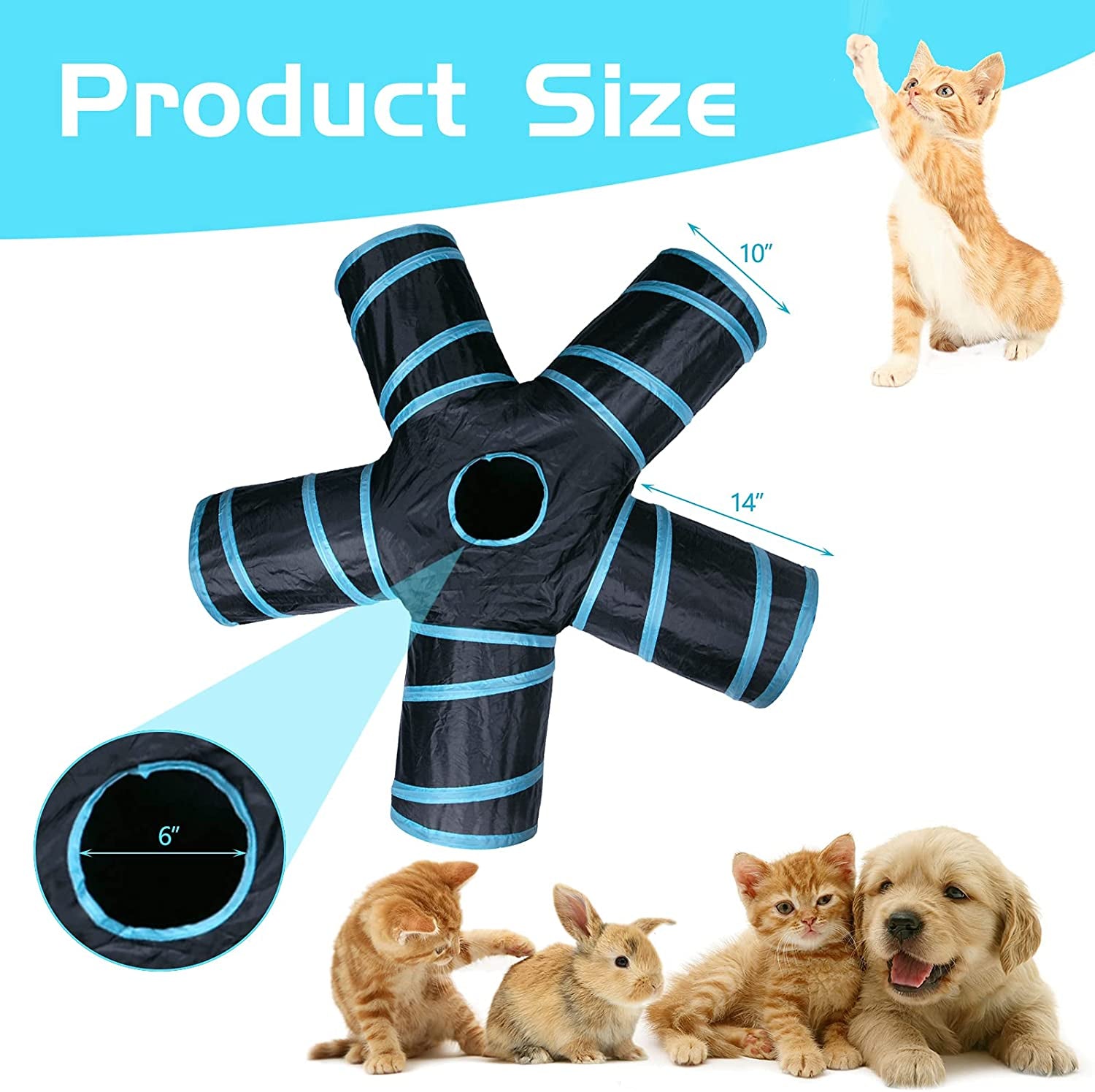 "Kitty Wonderland: The Ultimate Feline Adventure Zone - 5-Way Collapsible Cat Tunnel with a Sneak-A-Peek Window and a Ball of Whimsy! Perfect for Mischievous Cats, Playful Puppies, Kooky Kittens, and Bouncy Bunnies! (Color: Black & Blue)"