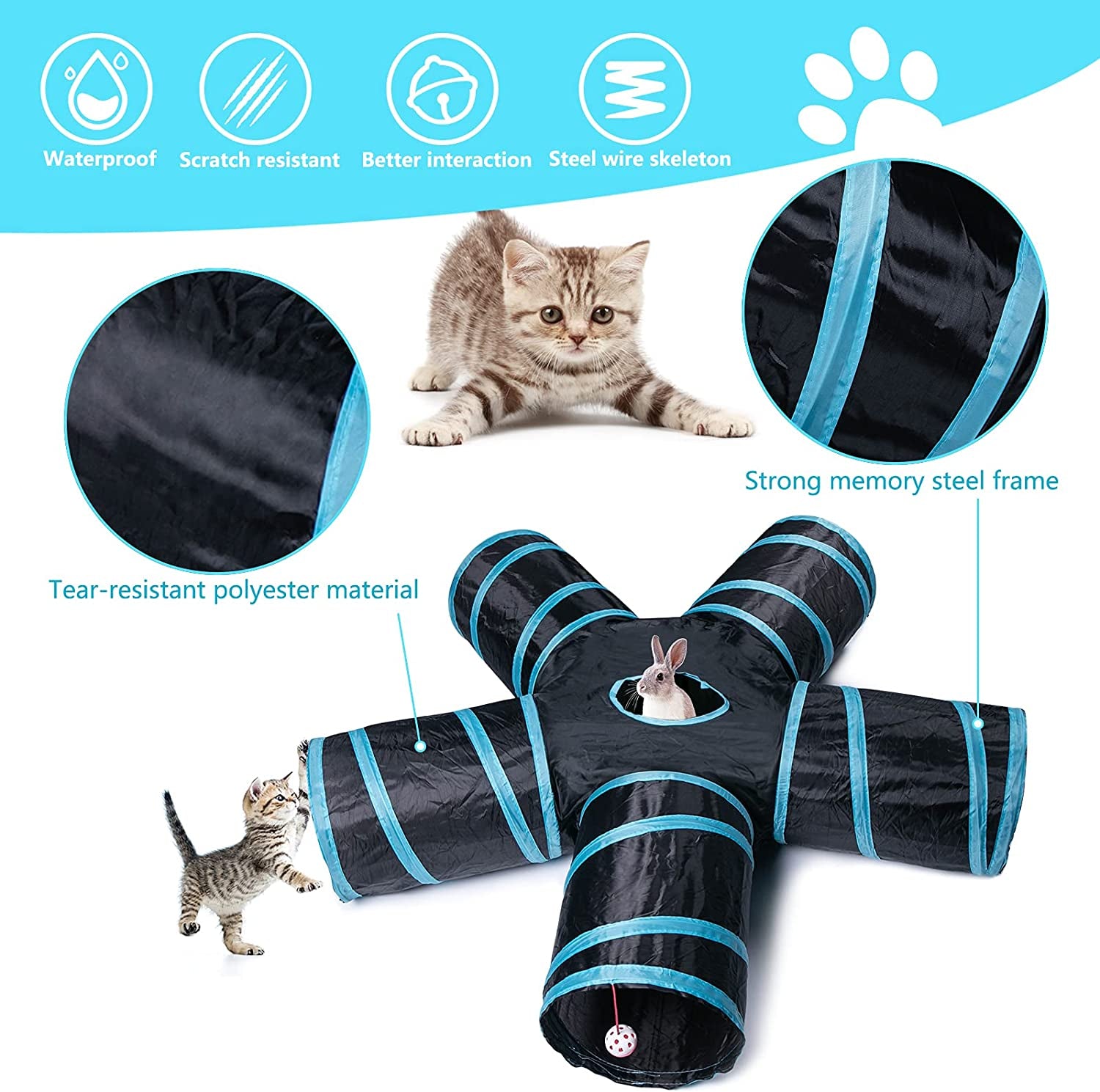 "Kitty Wonderland: The Ultimate Feline Adventure Zone - 5-Way Collapsible Cat Tunnel with a Sneak-A-Peek Window and a Ball of Whimsy! Perfect for Mischievous Cats, Playful Puppies, Kooky Kittens, and Bouncy Bunnies! (Color: Black & Blue)"