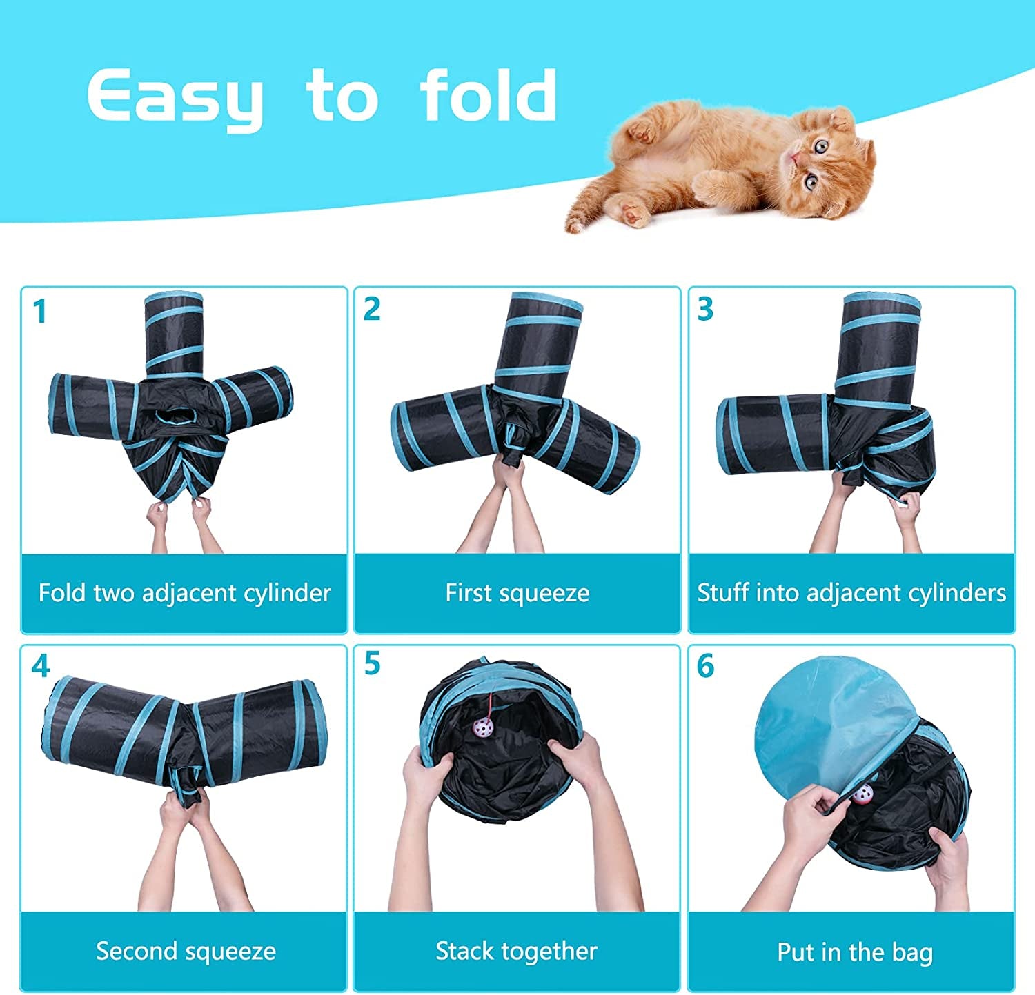 "Kitty Wonderland: The Ultimate Feline Adventure Zone - 5-Way Collapsible Cat Tunnel with a Sneak-A-Peek Window and a Ball of Whimsy! Perfect for Mischievous Cats, Playful Puppies, Kooky Kittens, and Bouncy Bunnies! (Color: Black & Blue)"