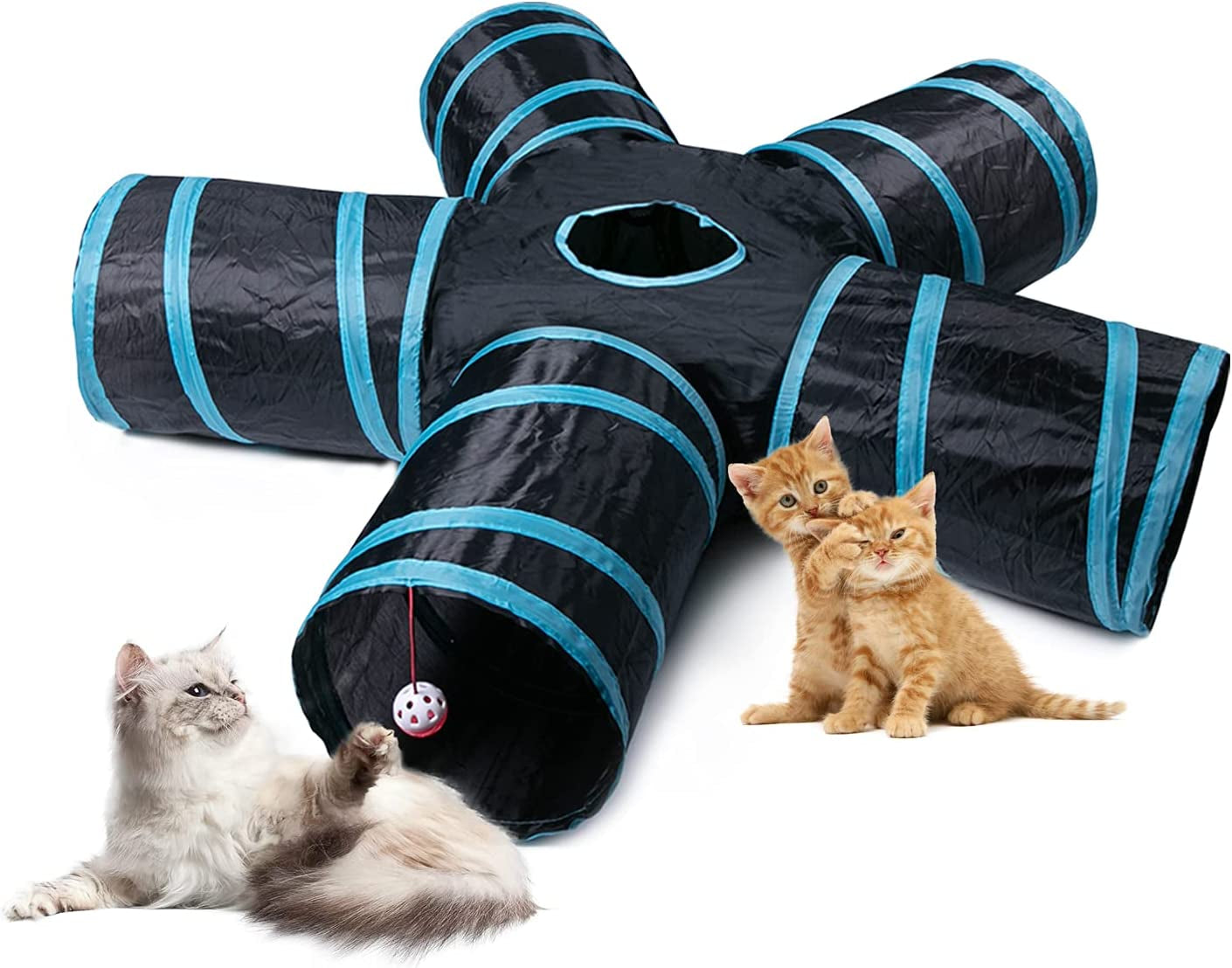 "Kitty Wonderland: The Ultimate Feline Adventure Zone - 5-Way Collapsible Cat Tunnel with a Sneak-A-Peek Window and a Ball of Whimsy! Perfect for Mischievous Cats, Playful Puppies, Kooky Kittens, and Bouncy Bunnies! (Color: Black & Blue)"