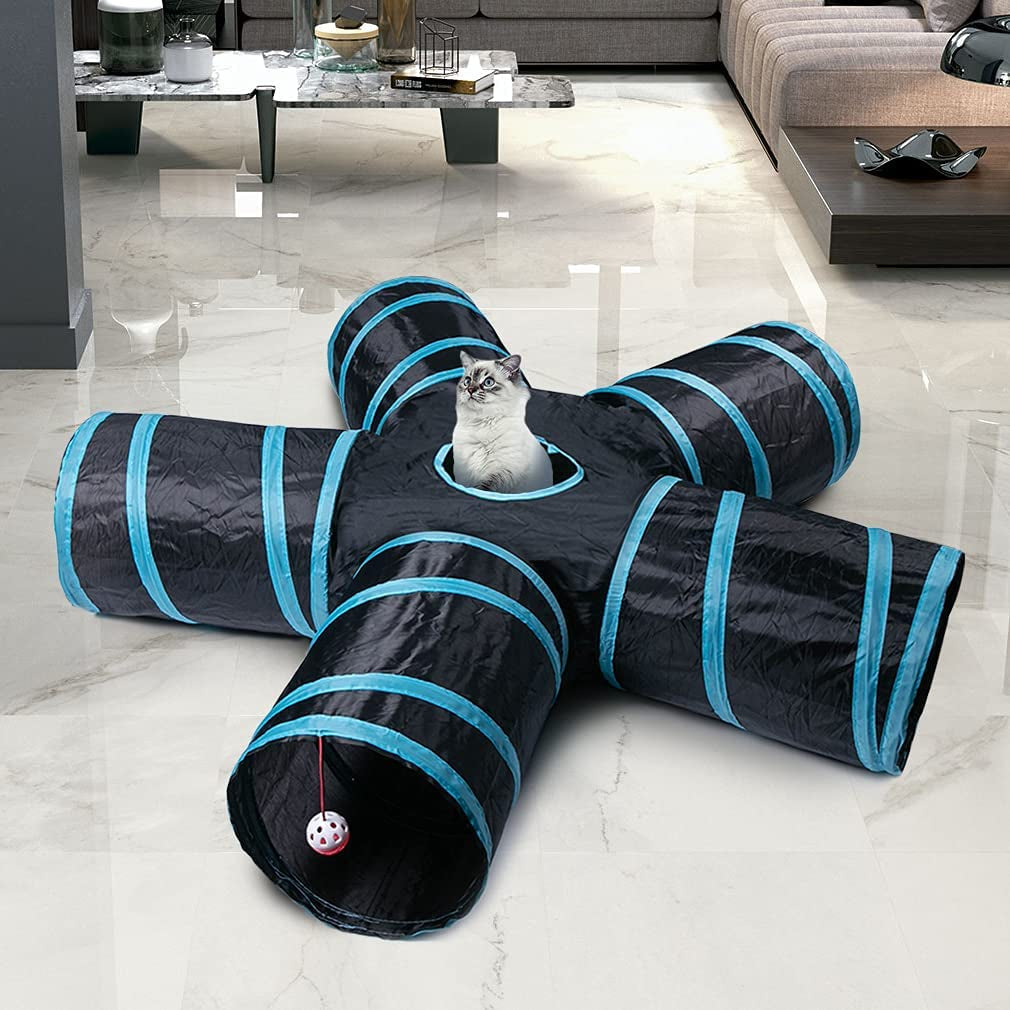 "Kitty Wonderland: The Ultimate Feline Adventure Zone - 5-Way Collapsible Cat Tunnel with a Sneak-A-Peek Window and a Ball of Whimsy! Perfect for Mischievous Cats, Playful Puppies, Kooky Kittens, and Bouncy Bunnies! (Color: Black & Blue)"